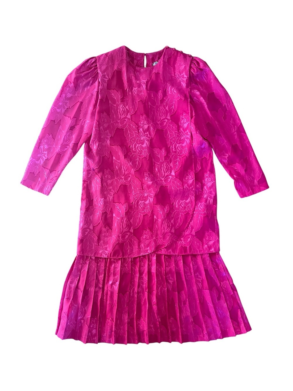 Vintage UNION TAG Nu-Mode Bright Pink Jacquard Floral 80s Drop Waist Mid Dress